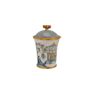 MAG-Hand-Painted Stoneware Canister with House, Palm Tree & Bamboo Style Edges